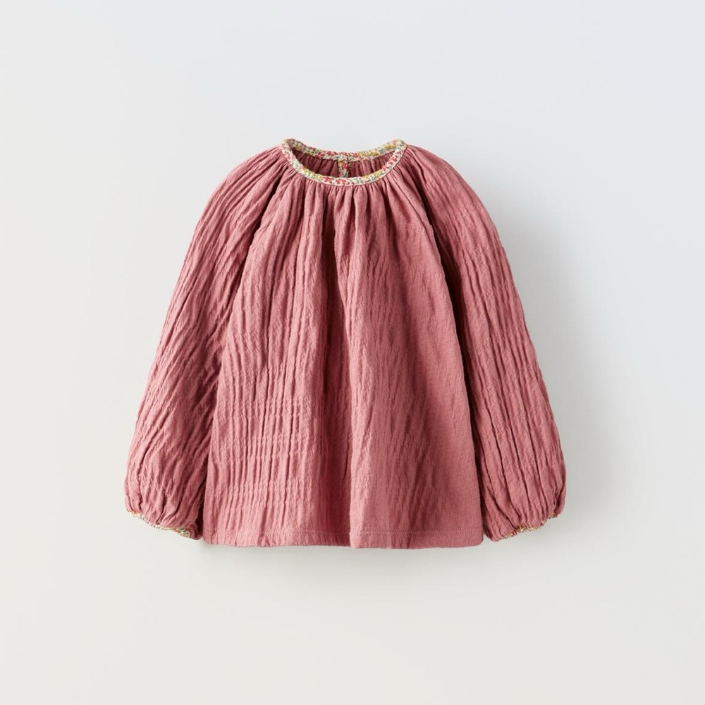 Zara Kids, Brick, FLORAL PIPED MUSLIN OVERSIZED BLOUSE, 3 years